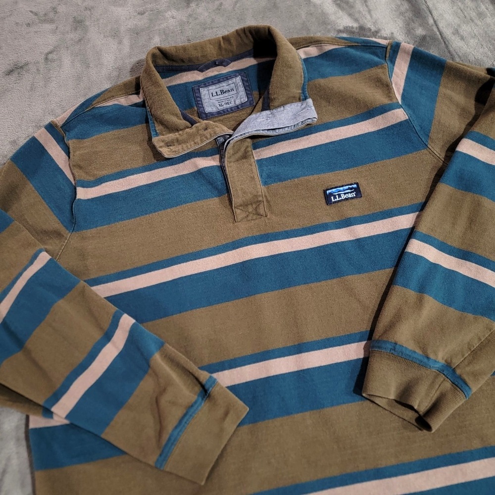 L.L. Bean Rugby Polo Shirt Men XL Blue Green Stripe Traditional Fit Cotton Rugby